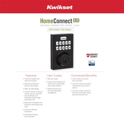 Kwikset Home Connect 620 Smart Lock, Z-Wave 700 Long Range, Contemporary with Deadbolt, Matte Black